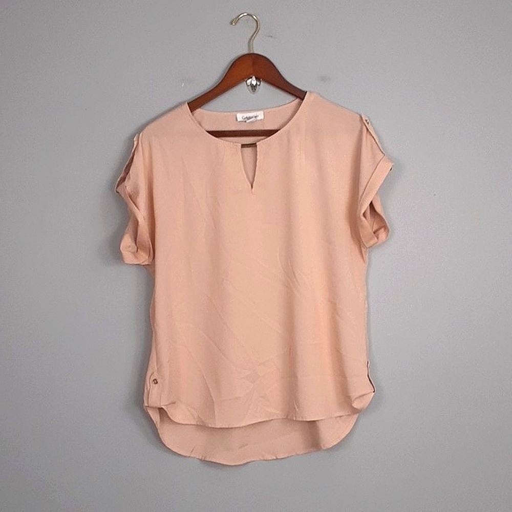 Calvin Klein Cuffed Short Sleeve Blush Champagne Pink Blouse Top